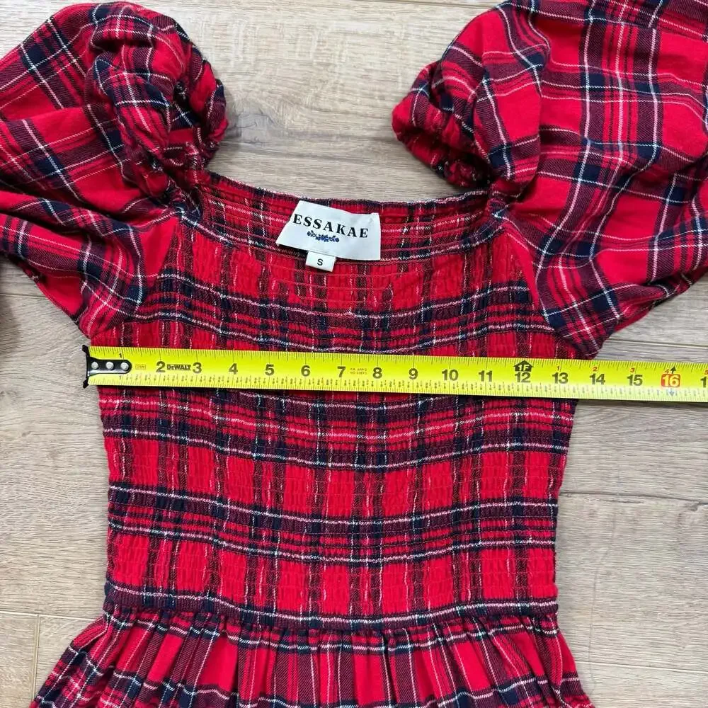 JessaKae Clara Plaid Smocked Puff Sleeve Tiered Dress Red Black S Boho - Picture 4 of 7